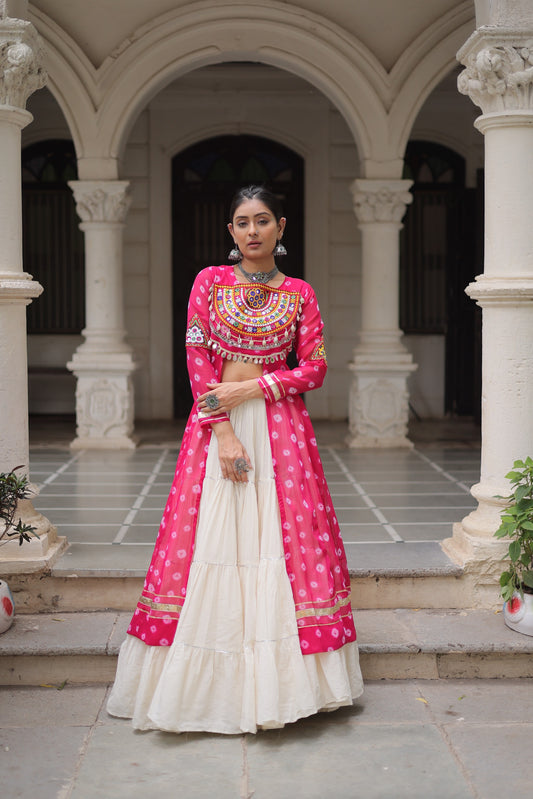 Hot Pink Kutchi Mirror Work Kurti with White Lehenga