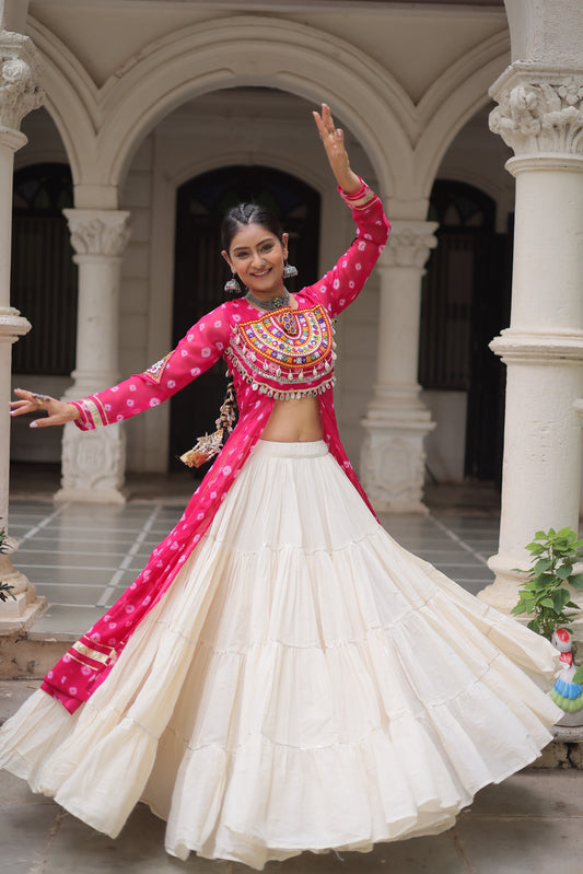Hot Pink Kutchi Mirror Work Kurti with White Lehenga