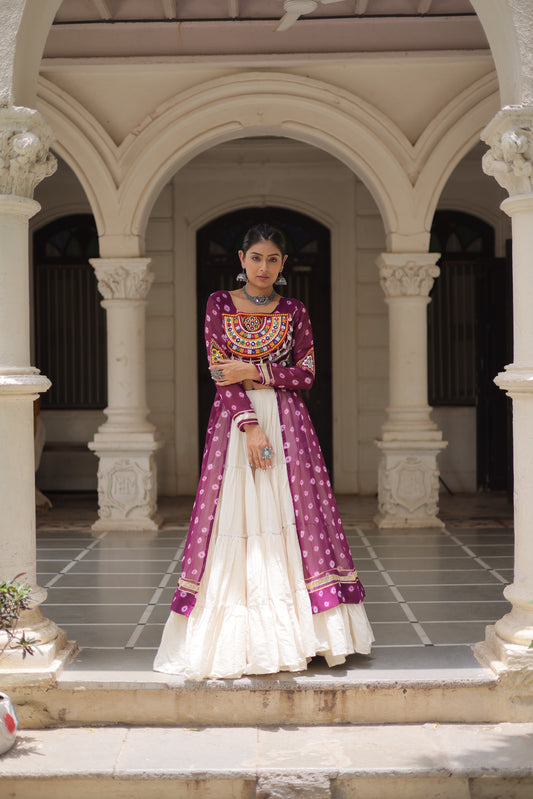 Designer Purple Kutchi Mirror Work Kurti with Flared White Lehenga