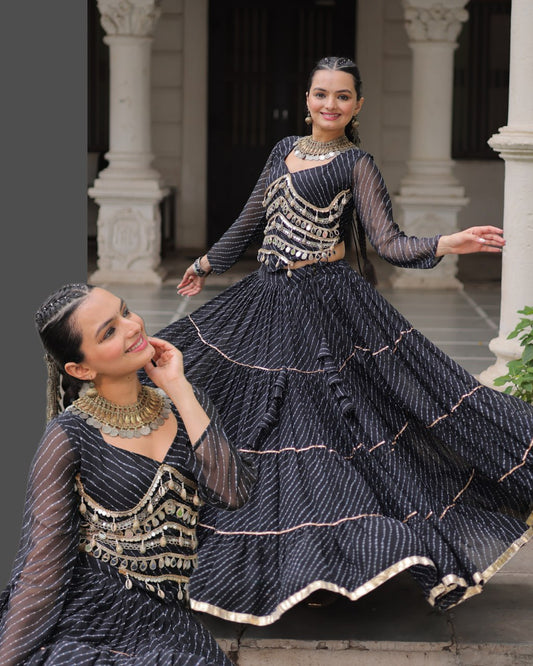 Navratri Black Leheriya Lehenga Choli with Mirror Lace Work