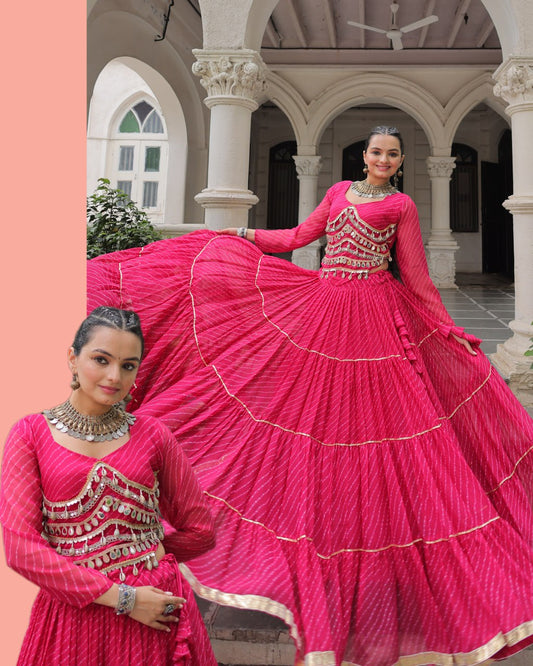 Navratri Pink Leheriya Print Lehenga with Mirror Lace Blouse