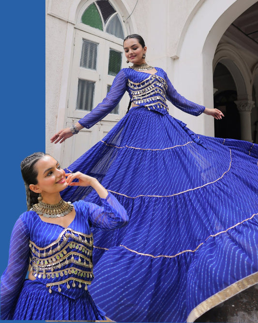 Navratri Blue Leheriya Print Lehenga with Mirror Lace Blouse
