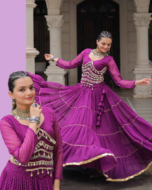Navratri Magenta Leheriya Print Lehenga with Mirror Lace Blouse