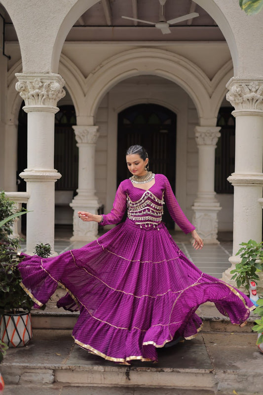 Navratri Magenta Leheriya Print Lehenga with Mirror Lace Blouse
