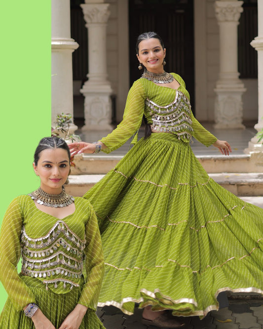 Navratri Olive Green Leheriya Print Lehenga with Mirror Lace Blouse