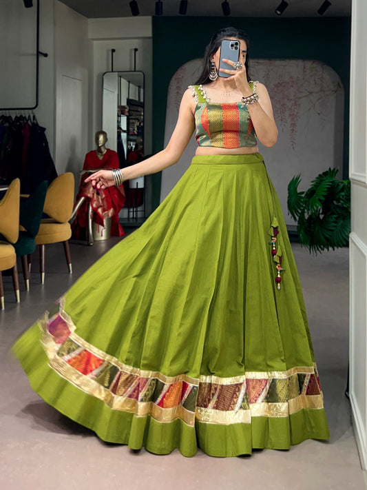 Olive Green Navratri Lehenga Choli with Multicolor Brocade Blouse for Garba Nights