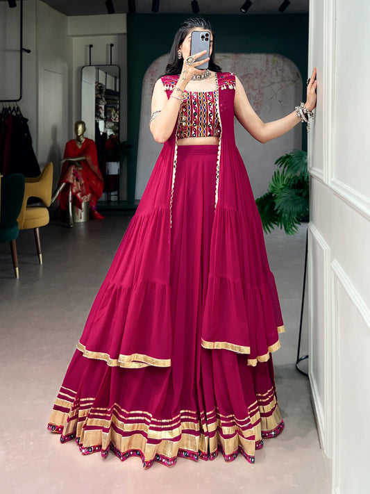 Rani Pink Navratri Lehenga Choli with Long Shrug