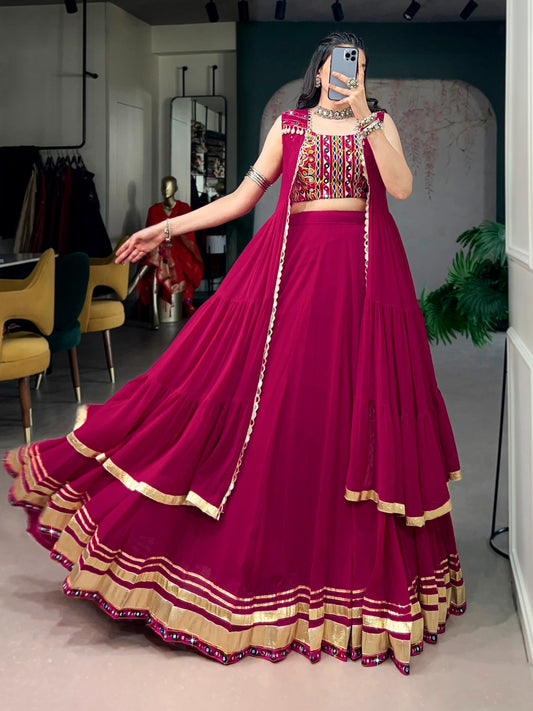 Rani Pink Navratri Lehenga Choli with Long Shrug