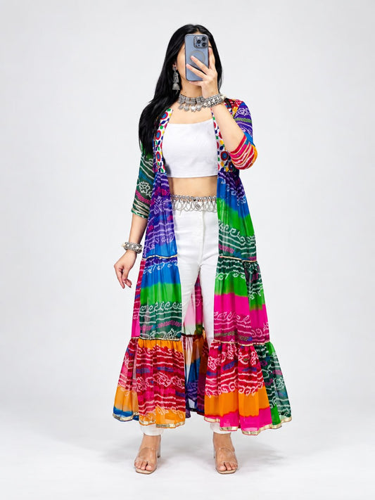 Printed Long Navratri Ethnic Wear Shrug with Mirror Work & Gota Patti Border