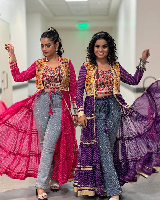 Purple Bandhani Long Shrug with Embroidered Blouse for Navratri