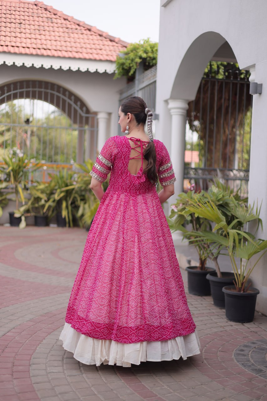 Navratri Pink Bandhani Georgette Kurti with White Kora Cotton Frill Lehenga