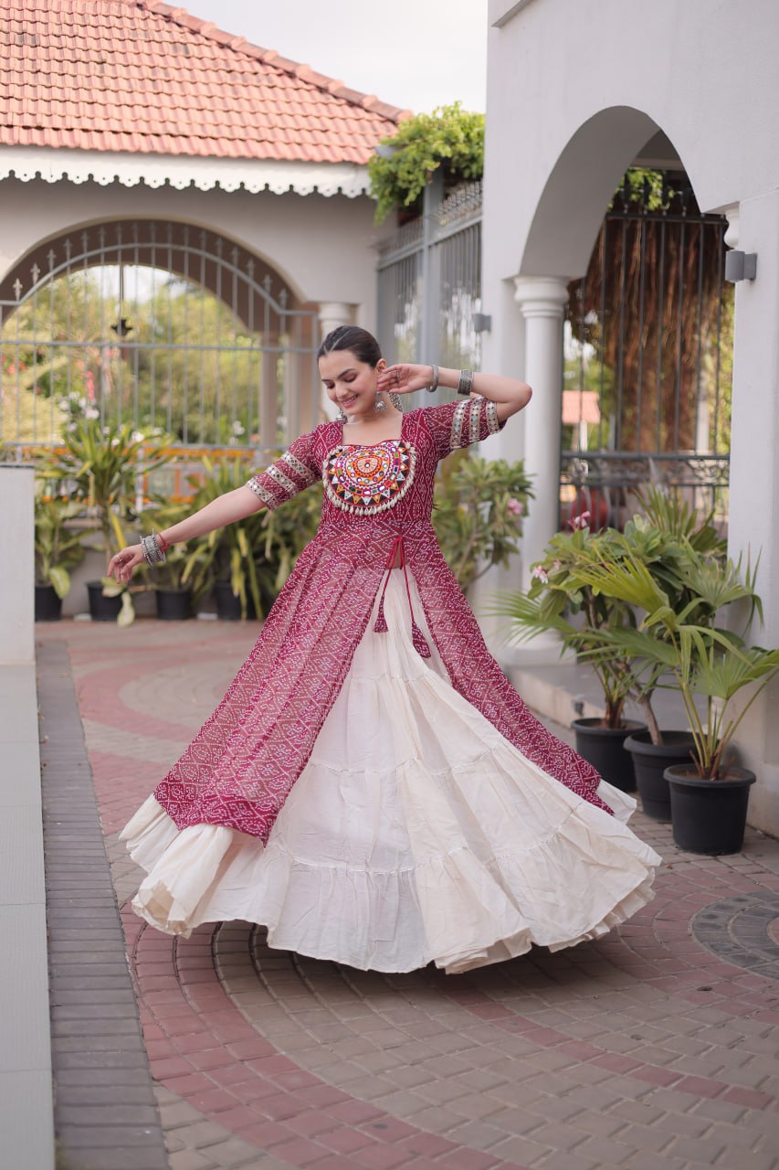 Maroon Bandhani Georgette Kurti with White Kora Cotton Frill Lehenga