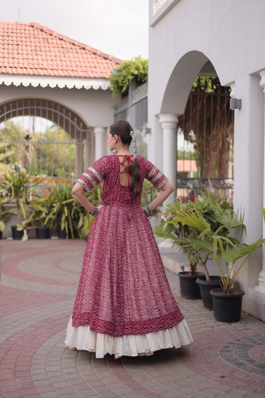 Maroon Bandhani Georgette Kurti with White Kora Cotton Frill Lehenga
