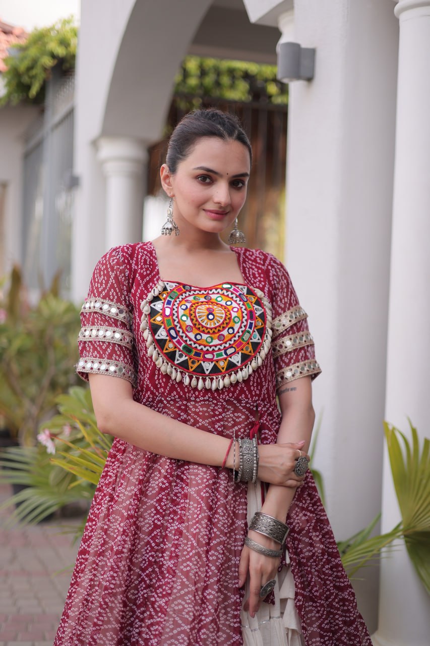 Maroon Bandhani Georgette Kurti with White Kora Cotton Frill Lehenga