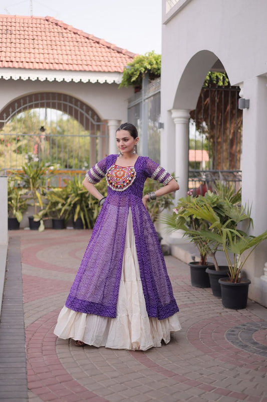 Purple Bandhani Georgette Kurti with White Kora Cotton Frill Lehenga