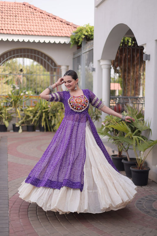 Purple Bandhani Georgette Kurti with White Kora Cotton Frill Lehenga