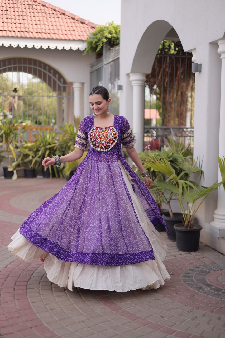 Purple Bandhani Georgette Kurti with White Kora Cotton Frill Lehenga