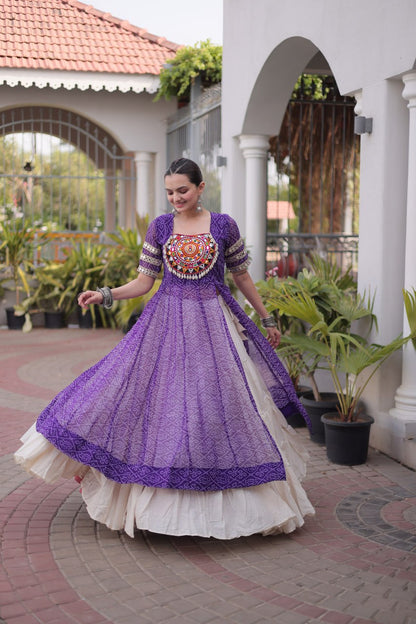 Purple Bandhani Georgette Kurti with White Kora Cotton Frill Lehenga
