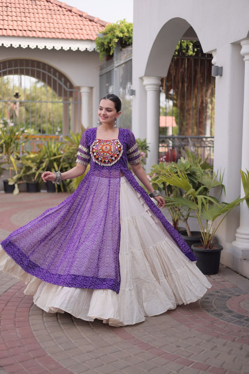 Purple Bandhani Georgette Kurti with White Kora Cotton Frill Lehenga