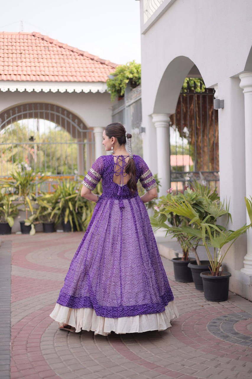 Purple Bandhani Georgette Kurti with White Kora Cotton Frill Lehenga