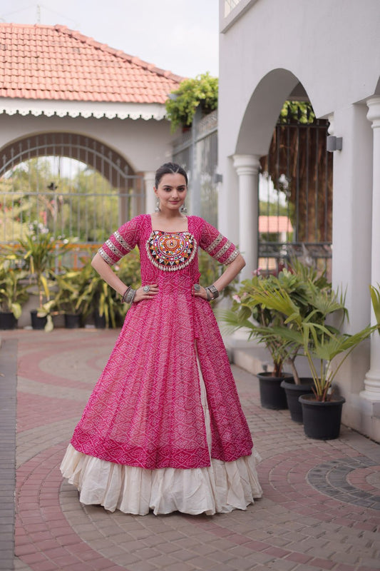 Navratri Pink Bandhani Georgette Kurti with White Kora Cotton Frill Lehenga