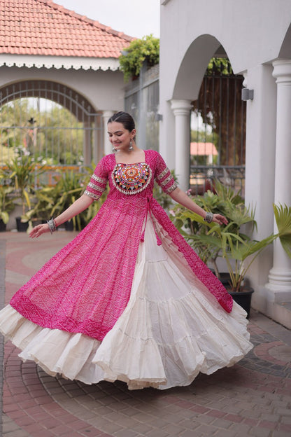 Purple Bandhani Georgette Kurti with White Kora Cotton Frill Lehenga