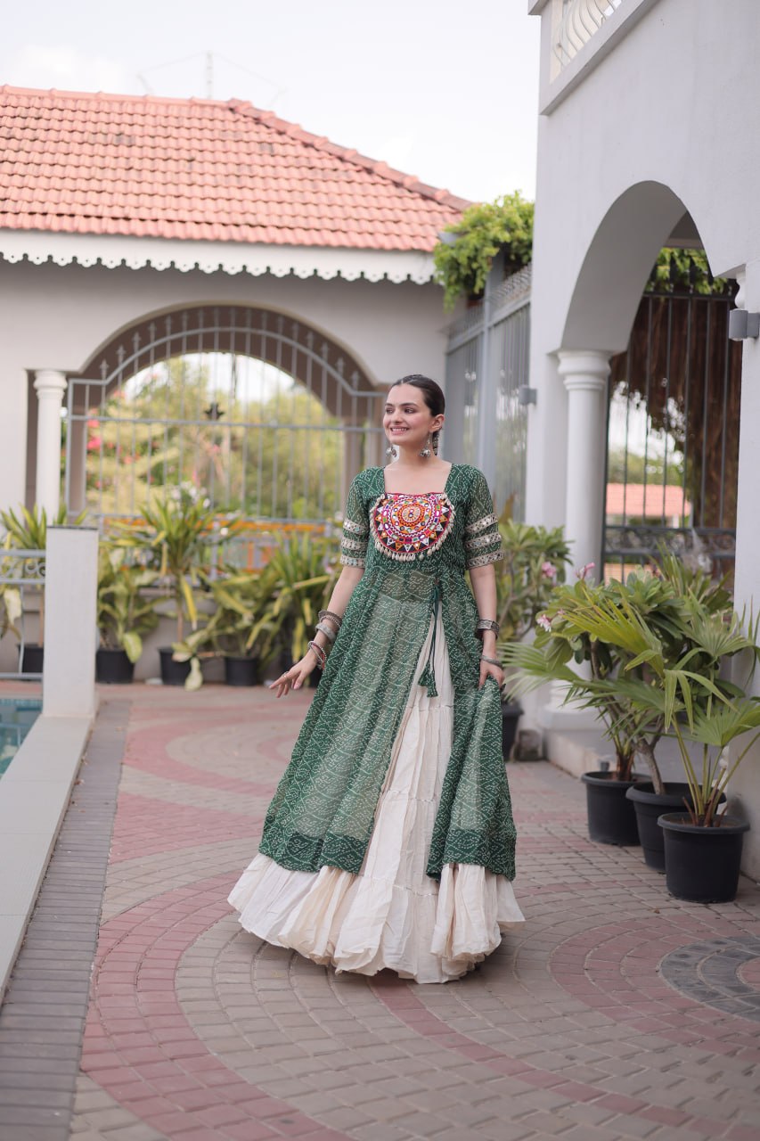 Bottle Green Bandhani Georgette Kurti with White Kora Cotton Frill Lehenga