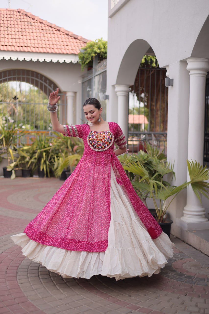 Maroon Bandhani Georgette Kurti with White Kora Cotton Frill Lehenga