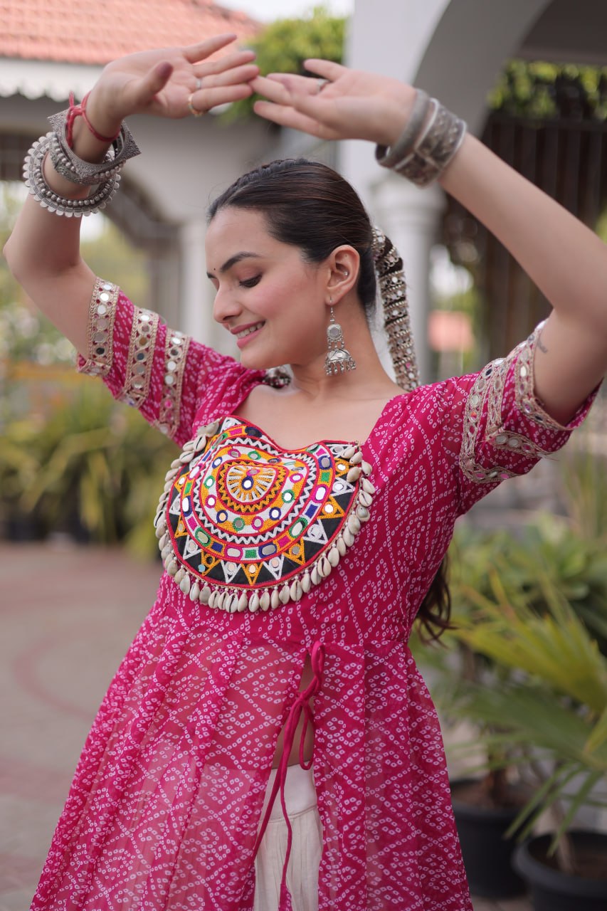 Navratri Pink Bandhani Georgette Kurti with White Kora Cotton Frill Lehenga