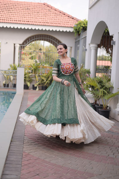 Bottle Green Bandhani Georgette Kurti with White Kora Cotton Frill Lehenga