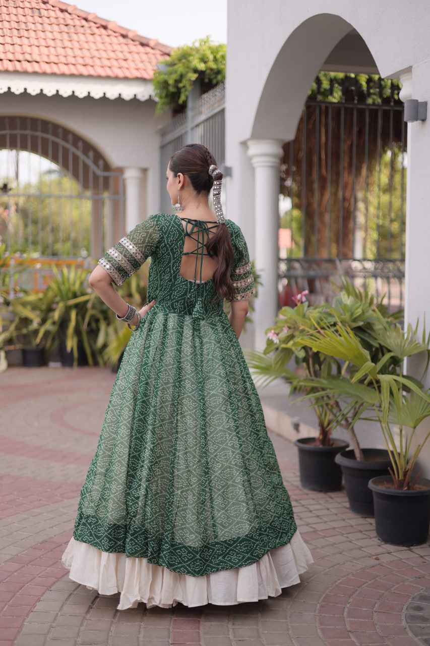 Bottle Green Bandhani Georgette Kurti with White Kora Cotton Frill Lehenga