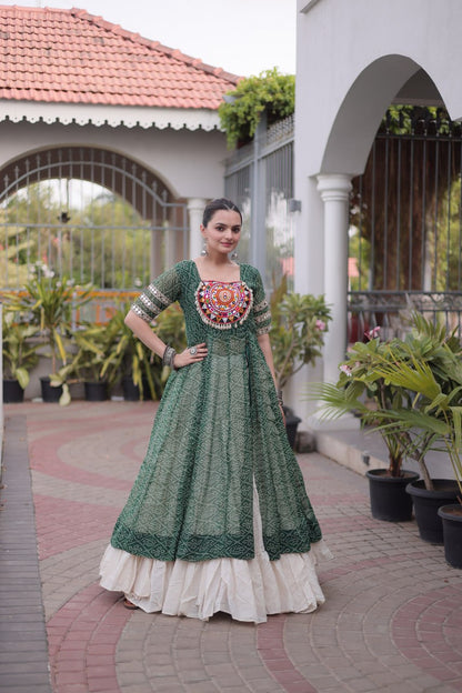 Bottle Green Bandhani Georgette Kurti with White Kora Cotton Frill Lehenga