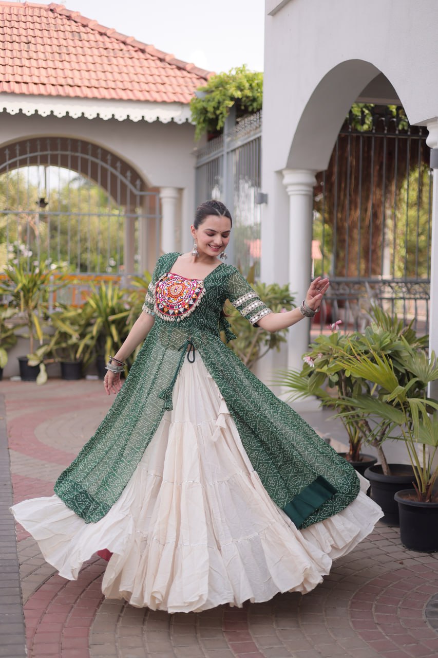 Bottle Green Bandhani Georgette Kurti with White Kora Cotton Frill Lehenga