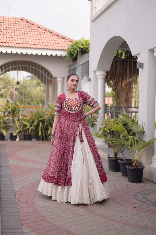 Maroon Bandhani Georgette Kurti with White Kora Cotton Frill Lehenga