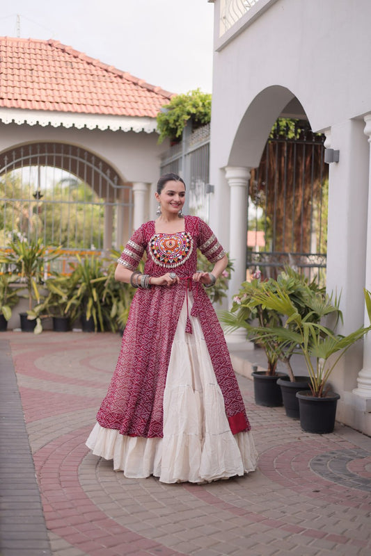 Maroon Bandhani Georgette Kurti with White Kora Cotton Frill Lehenga
