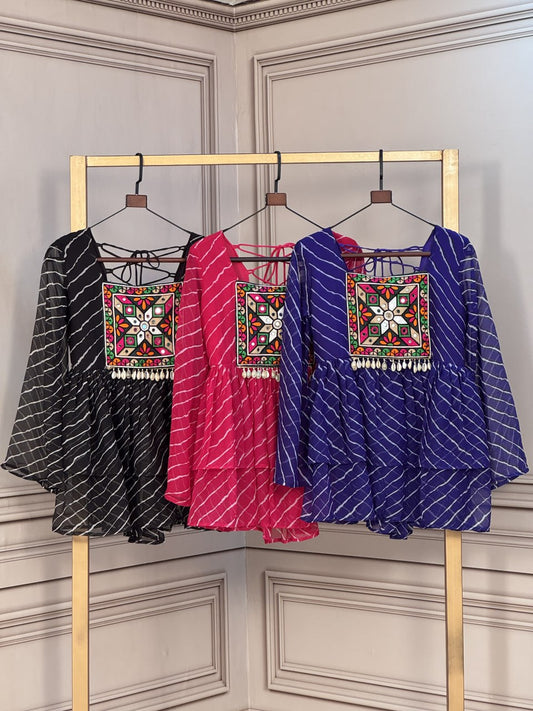 Laheriya Print Top with Kutchi Gamthi Patchwork