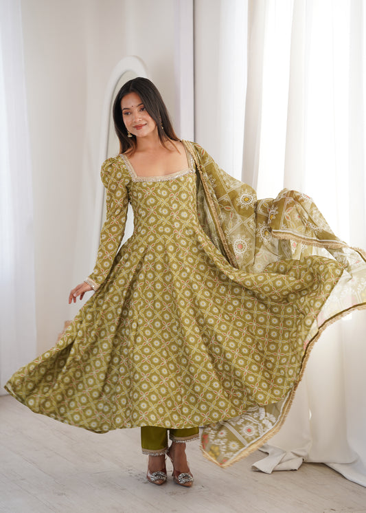 Olive Green Printed Muslin Anarkali Suit with Organza Dupatta