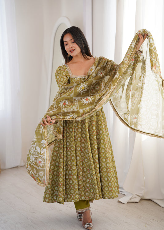 Olive Green Printed Muslin Anarkali Suit with Organza Dupatta