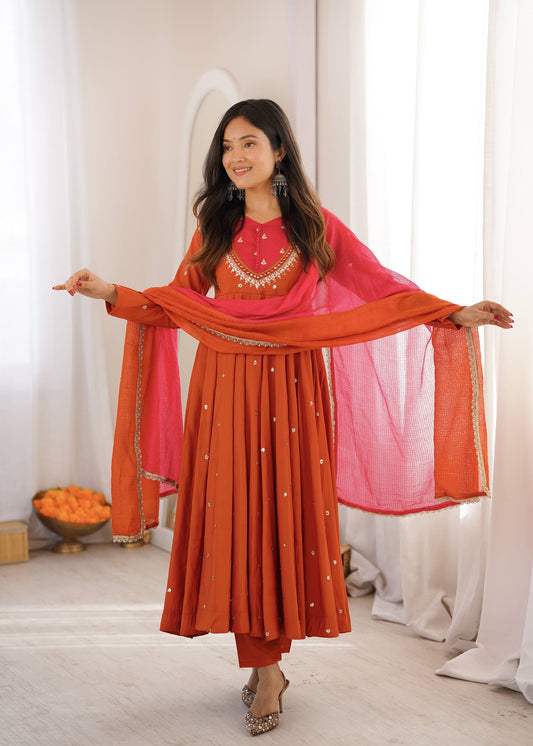 Orange Embroidered Anarkali Gown with Contrast Pink Dupatta
