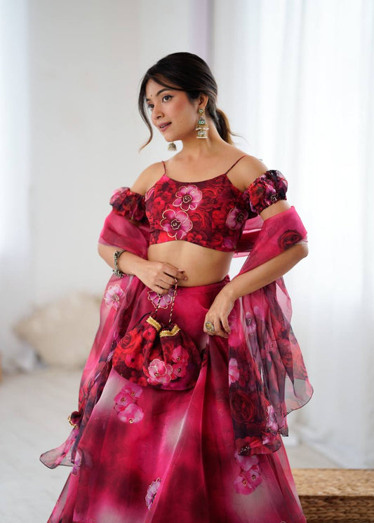 Pink Floral Organza Off Shoulder Lehenga Choli with Dupatta and Potli Bag