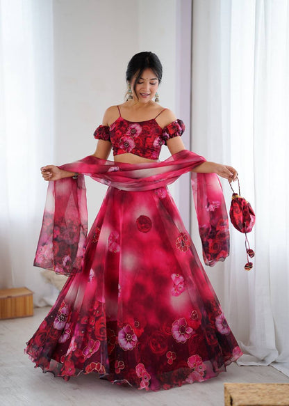 Pink Floral Organza Off Shoulder Lehenga Choli with Dupatta and Potli Bag