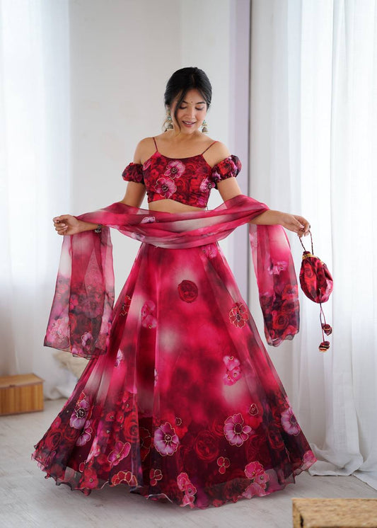 Pink Floral Organza Off Shoulder Lehenga Choli with Dupatta and Potli Bag