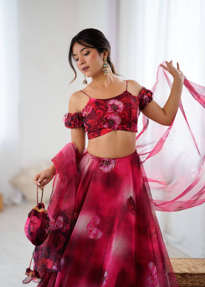 Pink Floral Organza Off Shoulder Lehenga Choli with Dupatta and Potli Bag