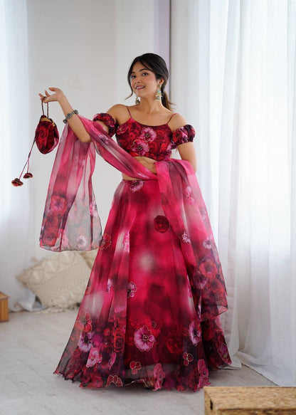 Pink Floral Organza Off Shoulder Lehenga Choli with Dupatta and Potli Bag