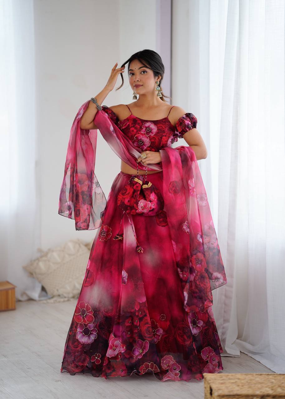 Pink Floral Organza Off Shoulder Lehenga Choli with Dupatta and Potli Bag