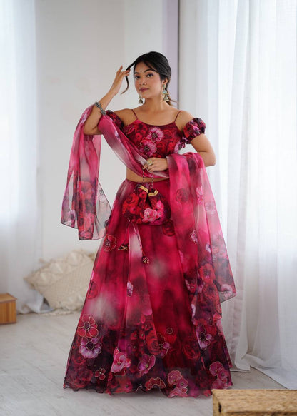Pink Floral Organza Off Shoulder Lehenga Choli with Dupatta and Potli Bag
