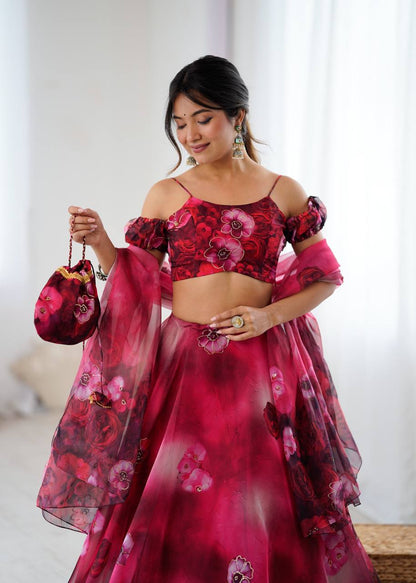Pink Floral Organza Off Shoulder Lehenga Choli with Dupatta and Potli Bag