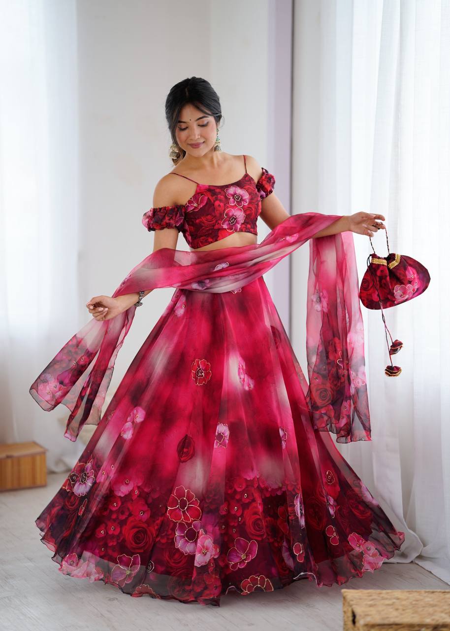 Pink Floral Organza Off Shoulder Lehenga Choli with Dupatta and Potli Bag