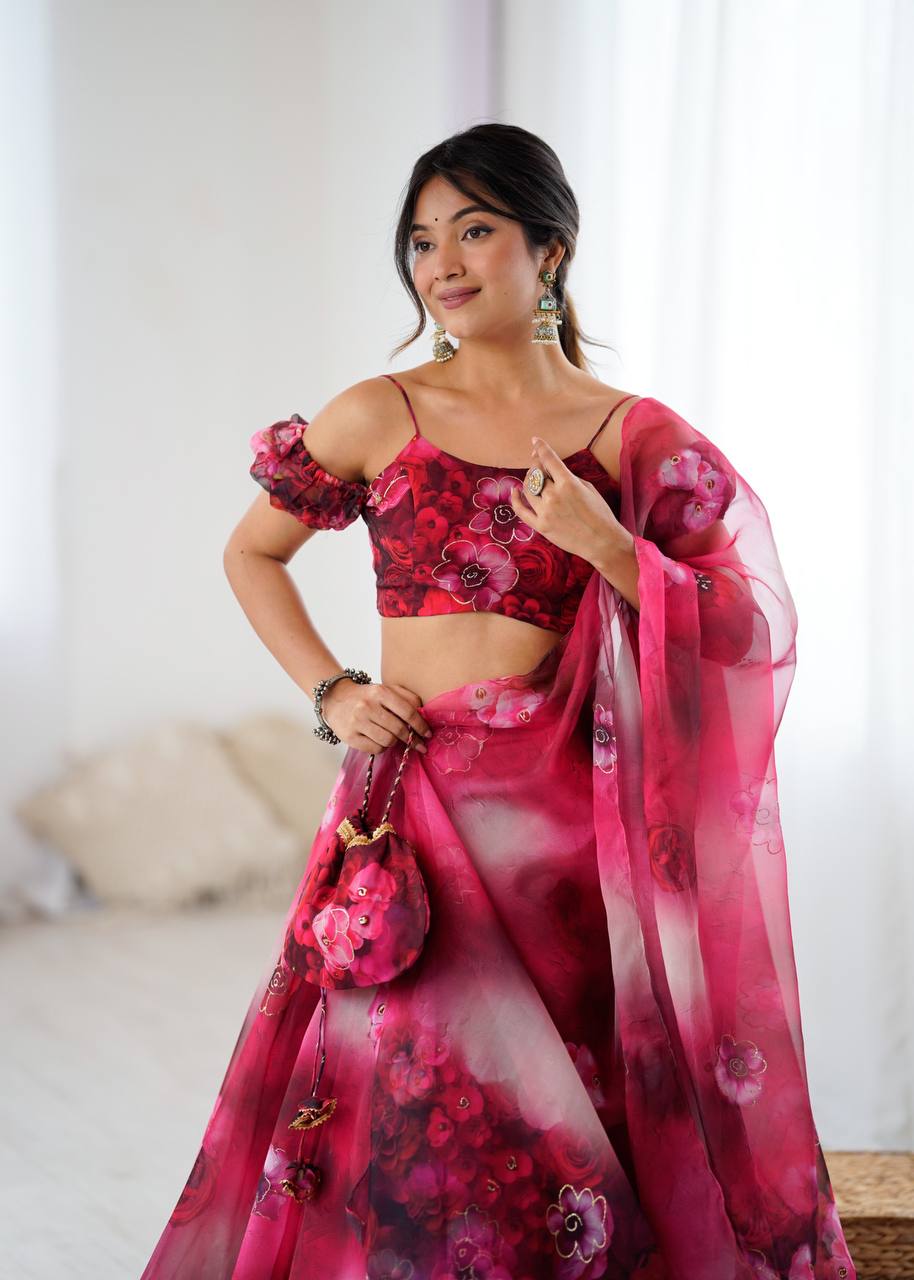 Pink Floral Organza Off Shoulder Lehenga Choli with Dupatta and Potli Bag