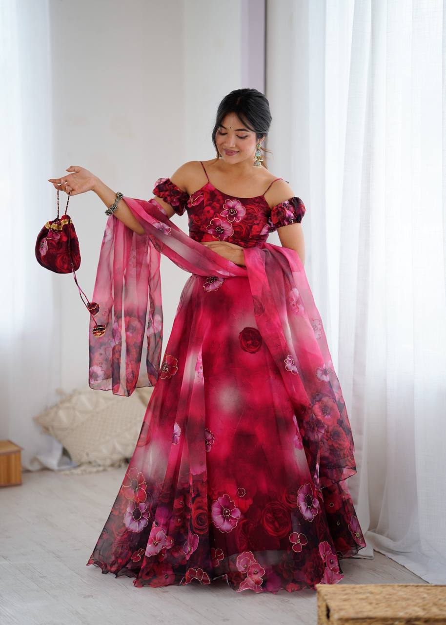 Pink Floral Organza Off Shoulder Lehenga Choli with Dupatta and Potli Bag
